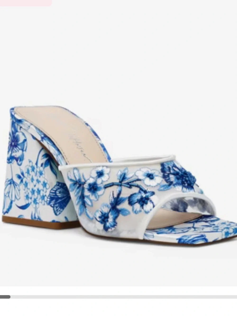 Betsey Johnson White and Blue Floral Block Heel Mules